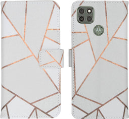 iMoshion Hoesje Geschikt voor Motorola Moto G9 Power Hoesje Met Pasjeshouder - iMoshion Design Softcase Bookcase - Wit / Meerkleurig / Goud / White Graphic