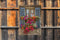 Raam blauwe luiken en bloemen 60 x 80 cm
