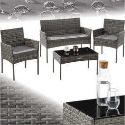 tectake® Wicker tuinset Palese - Zitgroep voor 4 personen - Loungebank met tuintafel en 2 tuinstoelen - Waterafstotend - Grijs