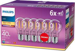 Philips LED Lamp E27 - 4.3 W - Warmwit licht - 6 stuks