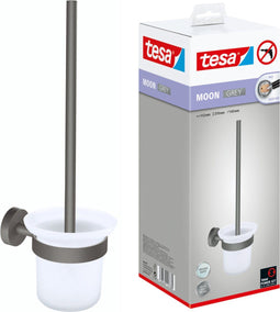 tesa MOON GREY toilethouder en toiletborstelset, matgrijs, gesatineerd glas - moderne badkamers en industriële stijl - zonder boren - 379 mm x 112 mm x 145 mm