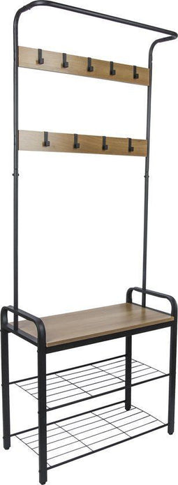 ERRO Kapstok - Garderoberek - 9 haken - 72x34x183cm - Mat zwart met houtaccenten