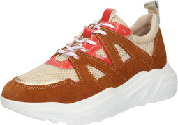 PS Poelman Year - Dames Leren Chunky Runner Sneaker - Mesh en Suéde - Bruin Beige Rood - Maat 37