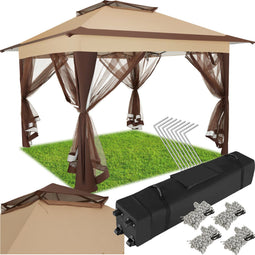 tectake® Carabobo - Vouwpaviljoen 364 x 364 x 294 cm - Waterafstotend dubbel dak UV-bescherming - Bruin