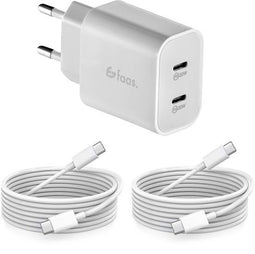 Faas USB C Oplader - Snellader 40W - 2x 20W Poort - 2 USB C Kabels 1.5m - Wit