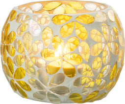 J-Line theelichthouder Bloemen - glas - geel/zilver - small - 2 stuks