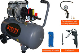Kibani Super stille compressor 50L - Olievrij - 190L/min 8 bar - Inclusief luchtslang en bandenpomp (set)