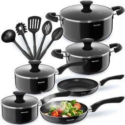 tectake® Pannenset Varese - 15-delig - 4 Kookpannen - 2 Steelpannen - Aluminium Antiaanbak - Glazen Deksels - Zwart (15-delig)