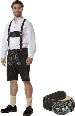 Dressforfun Jannis - Korte Lederhosen - Echt Leer met Riem en Bretels - Zwart - 50