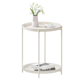 Woltu Ronde Bijzettafel met 2 Verwijderbare Planken - Metaal, Crème - Ø44 cm, Hoogte 57 cm