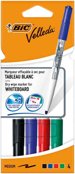 Bic whiteboardmarker Velleda 1741, in geassorteerde kleuren, etui van 4 stuks