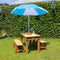 AXI Dennis Zand & Water Picknicktafel met Speelkeuken, Wastafel en losse bankjes in Bruin - Met Parasol in Blauw/Wit - Incl. 17-delige accessoire-set