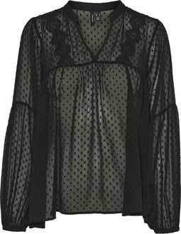 Vero Moda - VMMADELINE L/S V-NECK TOP GA NOOS - Zwarte doorschijnende kant met ballonmouwen - (maat XS)