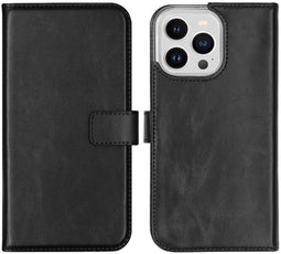 Selencia iPhone 14 Pro Max - Echt Lederen Bookcase - Ruimte voor 3 pasjes - Zwart
