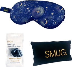 SMUG Slaapmasker met Zwarte Oordopjes en Opbergzakje - 100% Verduisterend - Verstelbaar Oogmasker in Satijn - Blue Celestial