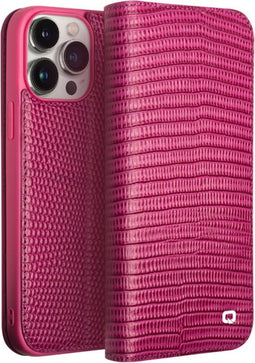 Qialino - Geschikt voor iPhone 15 Pro Max - Leren bookcase hoes - Croco Roze