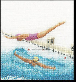 Thea Gouverneur - Borduurpakket met telpatroon - 3036A - Voorgesorteerde DMC Garens - Zwemmen - Aida - 16 cm x 17 cm - DIY Kit