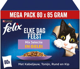 Felix Elke Dag Feest Mix Selectie in Gelei - Kattenvoer Natvoer - Kabeljauw Tonijn Rund & Kip - 80 x 85 g