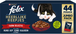 Felix Heerlijke Reepjes Farm Selectie - Kattenvoer natvoer - Rund, Kip, Eend, Kalkoen - 44 x 80g
