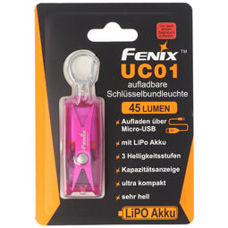 Fenix UC01 LED flashlight in a purple housing, keychain light with battery and USB charging function