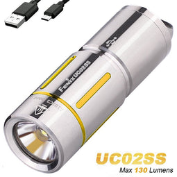 Fenix UC02SS LED keychain light, with battery and charging cable, color gold
