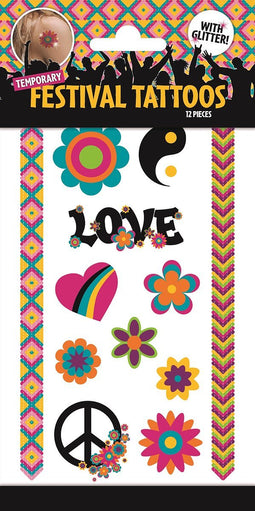 Festival Tattoos met glitter - Tijdelijke Tattoo - Body Glitter - Plak Tattoos - Nep Tattoo - Zomer Tattoo - Stand Tattoo - Fake Tattoo - Kinderen en volwassenen - 1 Vel met 12 tattoos