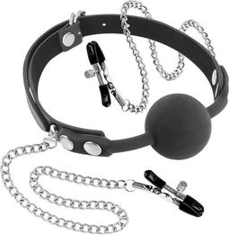 Fetish Tentation - Ballgag met Tepelklemmen - Zwart