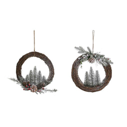 Kerstkroon DKD Home Decor Natuurlijk vlechtwerk ananas Besneeuwd 32 x 7 x 32 cm (2 Stuks)