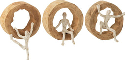 J-Line wanddecoratie Figuur Klimmen - hout/aluminium - naturel/wit - 3 stuks