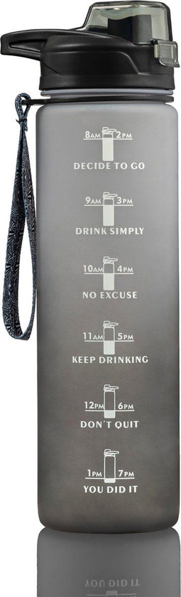 Hup Motivatie Drinkfles - Waterfles 1 Liter - Tijdmarkering en Drinktuit - Zwart/Wit