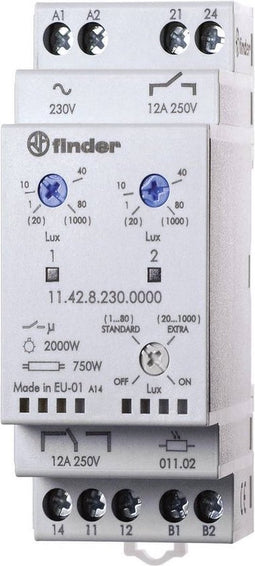 Finder 11.42.8.230.0000 Schemerschakelaar 1 stuk(s) Voedingsspanning (num):230 V/AC Lichtgevoeligheid: 1, 20 - 80, 1000