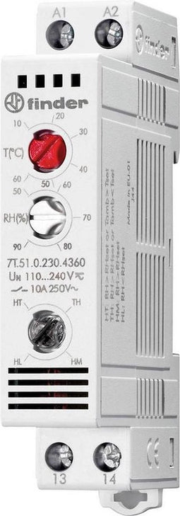 Finder Hygrostaat 7T.51.0.230.4360 250 V/AC 1x NO (l x b x h) 88.8 x 17.5 x 47.8 mm 1 stuk(s)