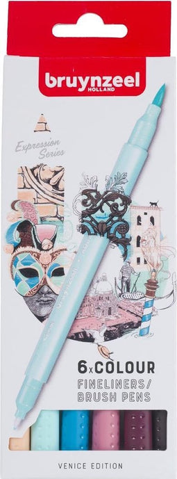 Fineliner Brush pen Bruynzeel Creatives Venice set 6 kleuren