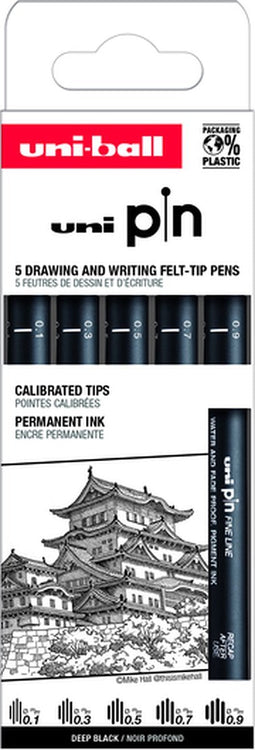 Fineliner uni-ball pin asp008 set à 5 breedtes zw