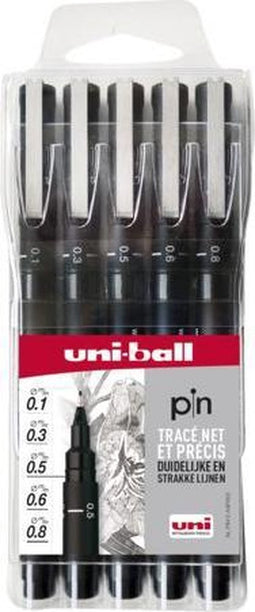 Fineliner Uni-ball Pin zwart etui à 5 breedtes