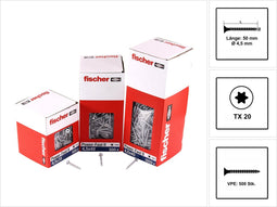 Fischer Power-Fast II FPF II Spanplattenschraube 4,5x50 mm 500 Stück ( 670265 ) Senkkopf mit Torx Vollgewinde galvanisch verzinkt, blau passiviert
