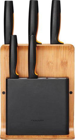 Fiskars Messenset met blok - Keukenmessen in Bamboe Messenblok - Vaatwasserbestendig - Broodmes - Koksmes