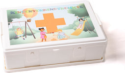 Fixfirst - Kinder verbandtrommel met leuke kinderpleisters - inclusief wandbeugel - complete verbanddoos.