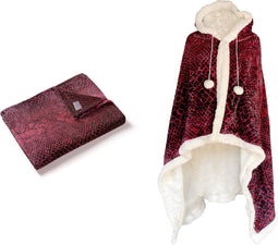 Linnick Flanel Fleece Deken + Hoodie met Capuchon Snake - bordeaux/black - 140x200cm - 130x180cm - Plaid