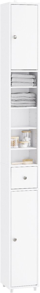 SoBuy BZR34-II-W - Hoge Badkamerkast - Waterbestendig met Verstelbare Planken en Lade - Wit 20x20x180cm