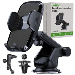 iSetchi Telefoonhouder Auto 3-in-1 - Extra Sterke Zuignap - 360 Graden Rotatie - Zwart
