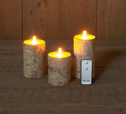 Annas collection - B.o. 3st kaars berk wit bewegende vlam 7.5x10/12.5/15cm afstandsbediening 3x3aaa