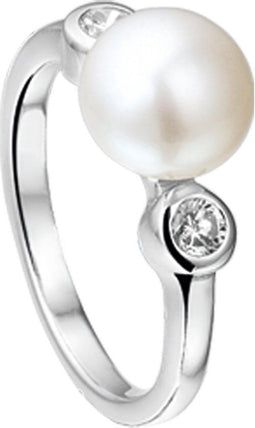The Jewelry Collection - Ring - Gerhodineerd Zilver met Parel en Zirkonia - Maat 54