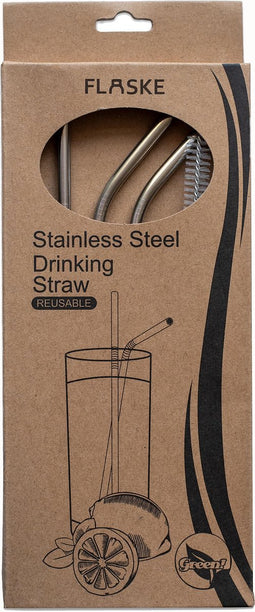 FLASKE RVS Rietjes - Herbruikbaar en Duurzaam - Milieuvriendelijk - Set van 5 - 2 Recht en 2 Gebogen en 1 Schoonmaakborstel