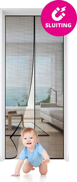 FlinQ Vliegengordijn - Magnetisch Deurgordijn - Horgordijn Bevestigen met Klittenband - Hordeur van Nylon - Vliegendeur 91 x 210 - Zwart