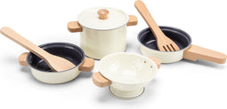 New Classic Toys® Metalen Pannenset - 7-delige Set met Vergiet en Houten Kookgerei - Gebroken Wit (7-delige set)