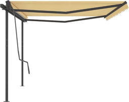 vidaXL - Luifel - handmatig - uittrekbaar - met - palen - 5x3 - m - geel - en - wit