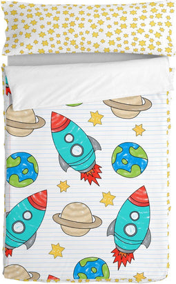Gewatteerd beddengoed met ritssluiting HappyFriday Mr Fox Space Rocket Multicolour 90 x 200 cm