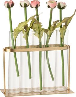 J-Line vaas 5 Tubes - metaal/glas - goud - 15 cm hoog
