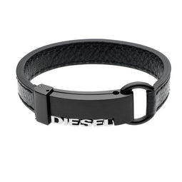 Diesel Step Up - Heren Armband - Zwart Leer met Logo - 21 cm